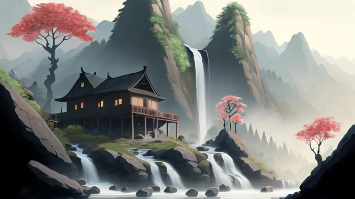 一座山间木屋坐落在群山与多道瀑布之间，红色树木点缀着水墨风格的自然景色。