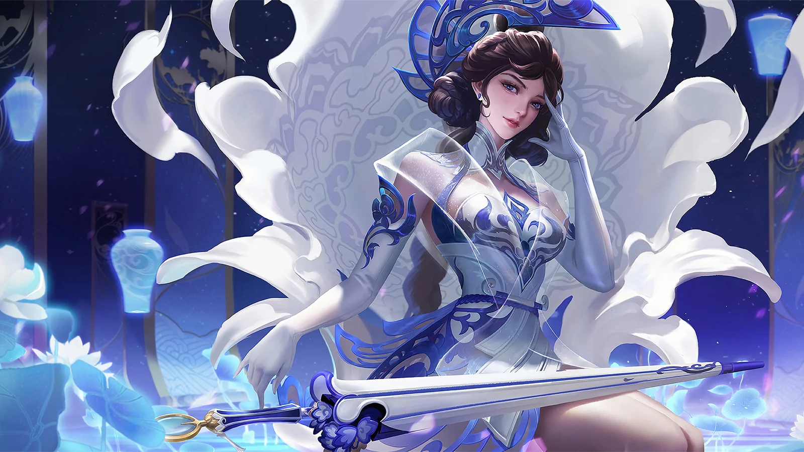 画面展示一名身穿蓝白服饰的动漫女子，手持古琴，周围环绕白色飘带与蓝色花朵。