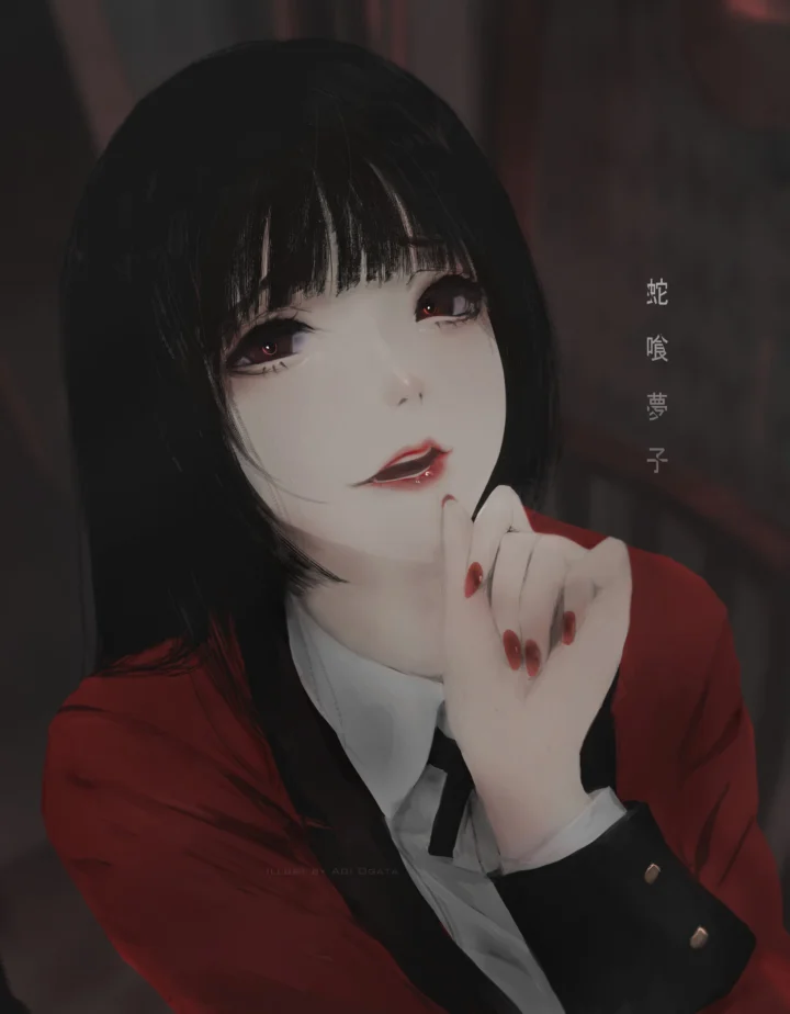 一位黑色长发、身穿红色服装的动漫风格女性靠近画面中央，手指放在脸旁，背景较暗。