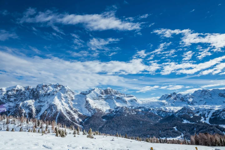 白雪覆盖的群山延伸在蓝天白云下，前景可见积雪山坡与森林。