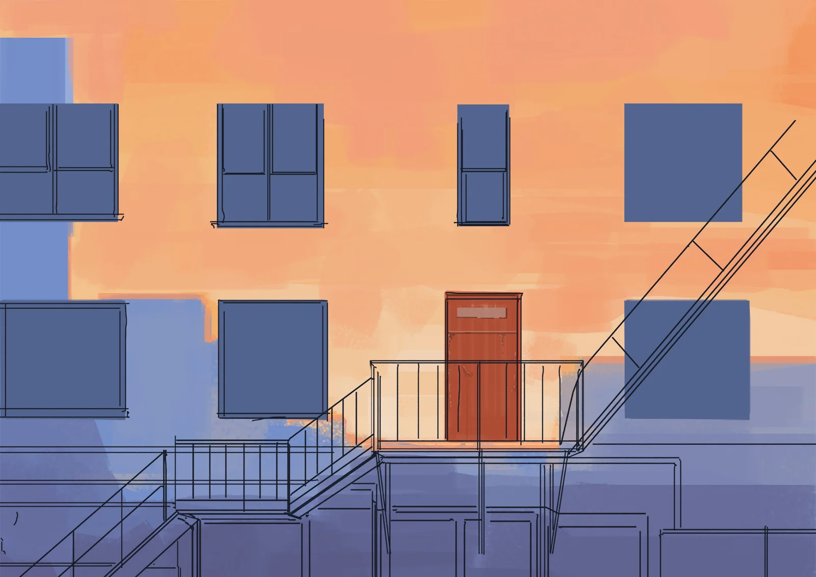 オレンジ色の夕空の下、階段と手すりのある建物の外観が青と赤の色調で描かれている。