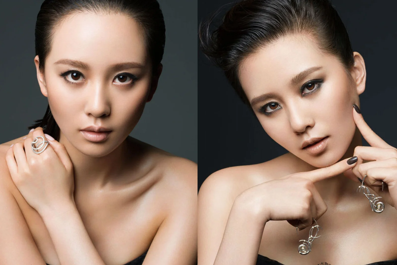 两位成年女性以精致妆容和珠宝配饰面对镜头的并列棚拍肖像。
