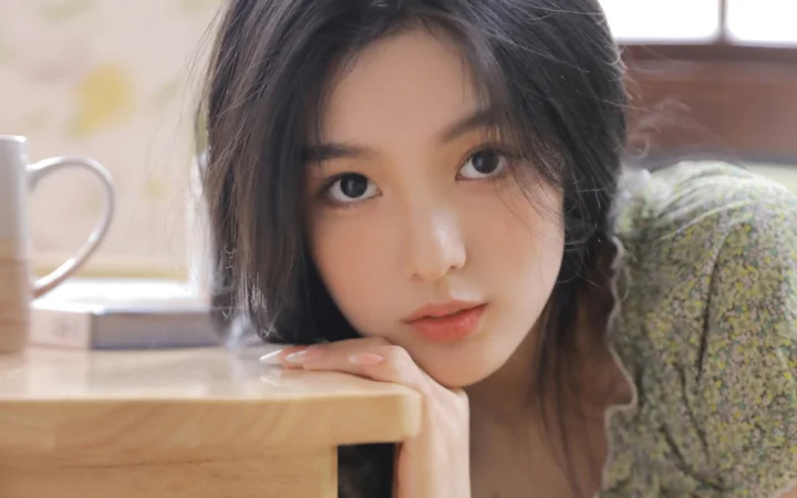 一名成年女性将脸靠在手上，伏在木桌旁看向镜头。