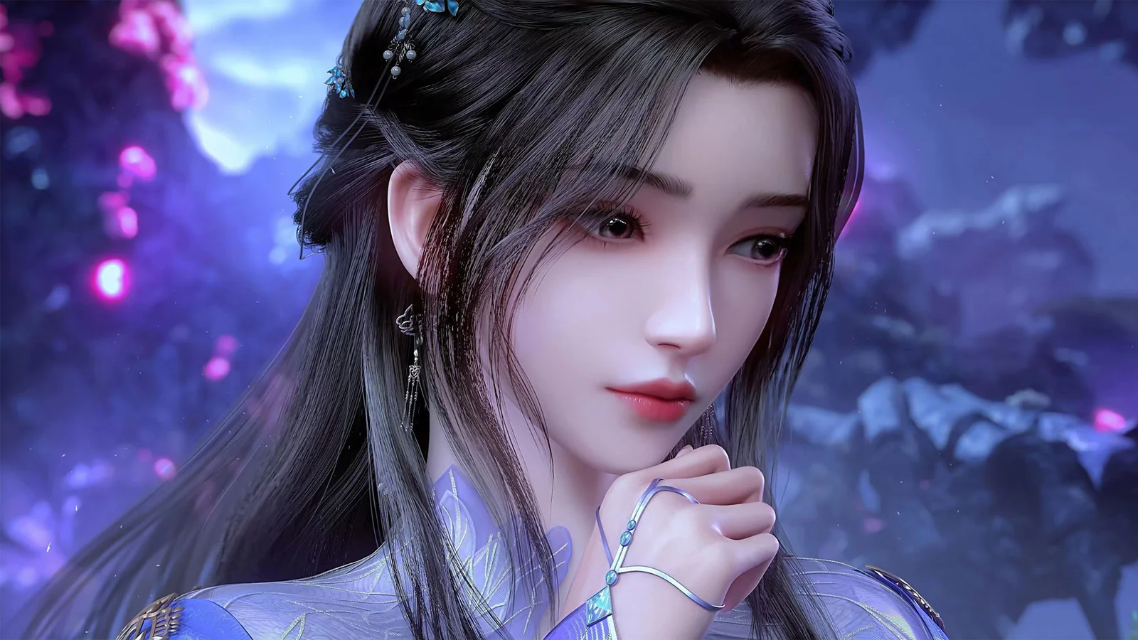 긴 머리의 애니메이션풍 여성이 보랏빛과 푸른빛이 어우러진 환상적인 배경에 그려져 있다.