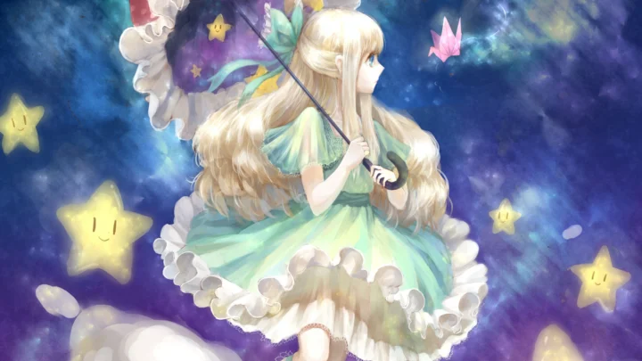 一名身穿绿色连衣裙的动漫少女站在繁星与彩色星云般的背景前。