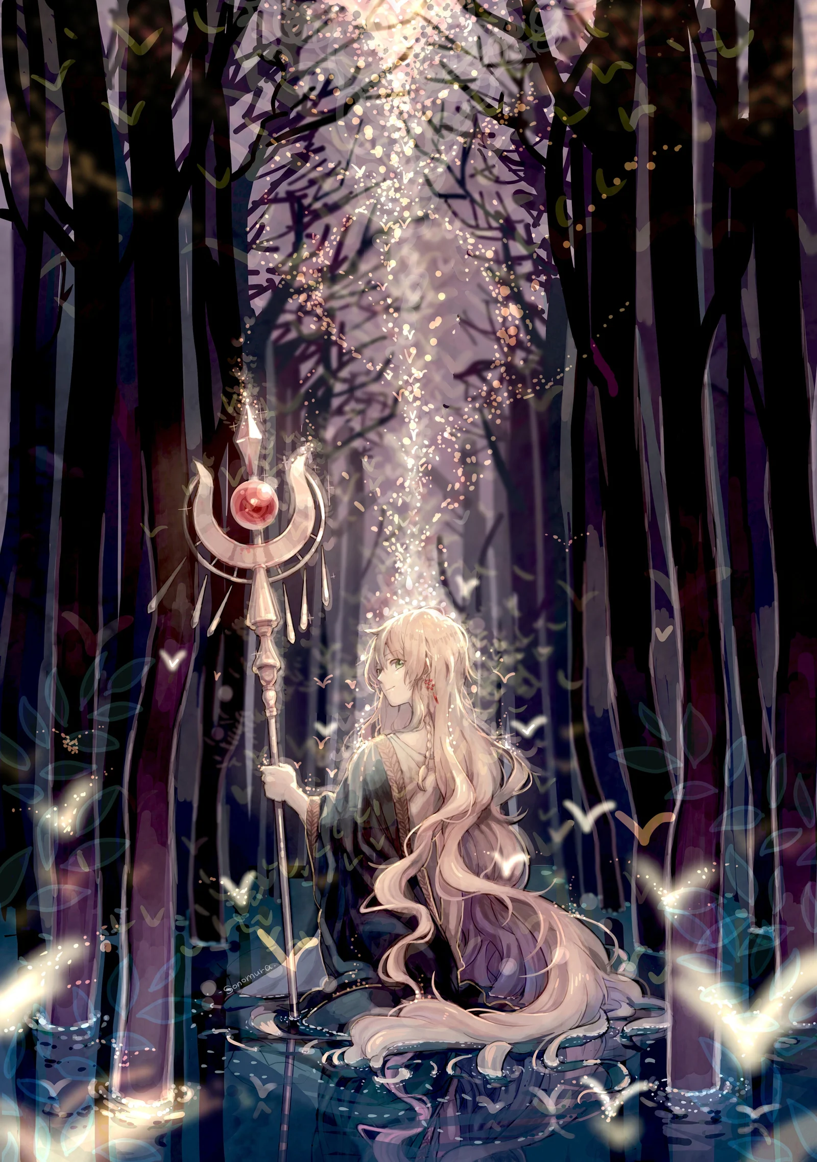 長い髪のアニメキャラクターが華麗な杖を持ち、光る粒子が漂う暗い森に立っています。