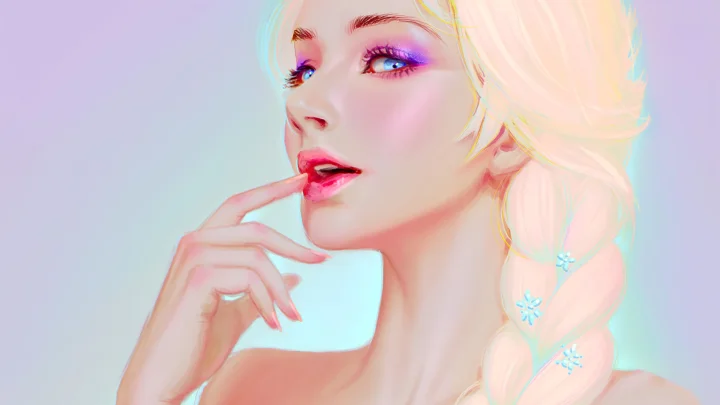一幅描绘金发蓝眼女性侧脸与编发的柔和彩色插画。