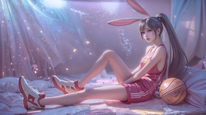 一名戴兔耳发饰的动漫少女坐在柔和梦幻光线中的床上，身旁放着篮球。