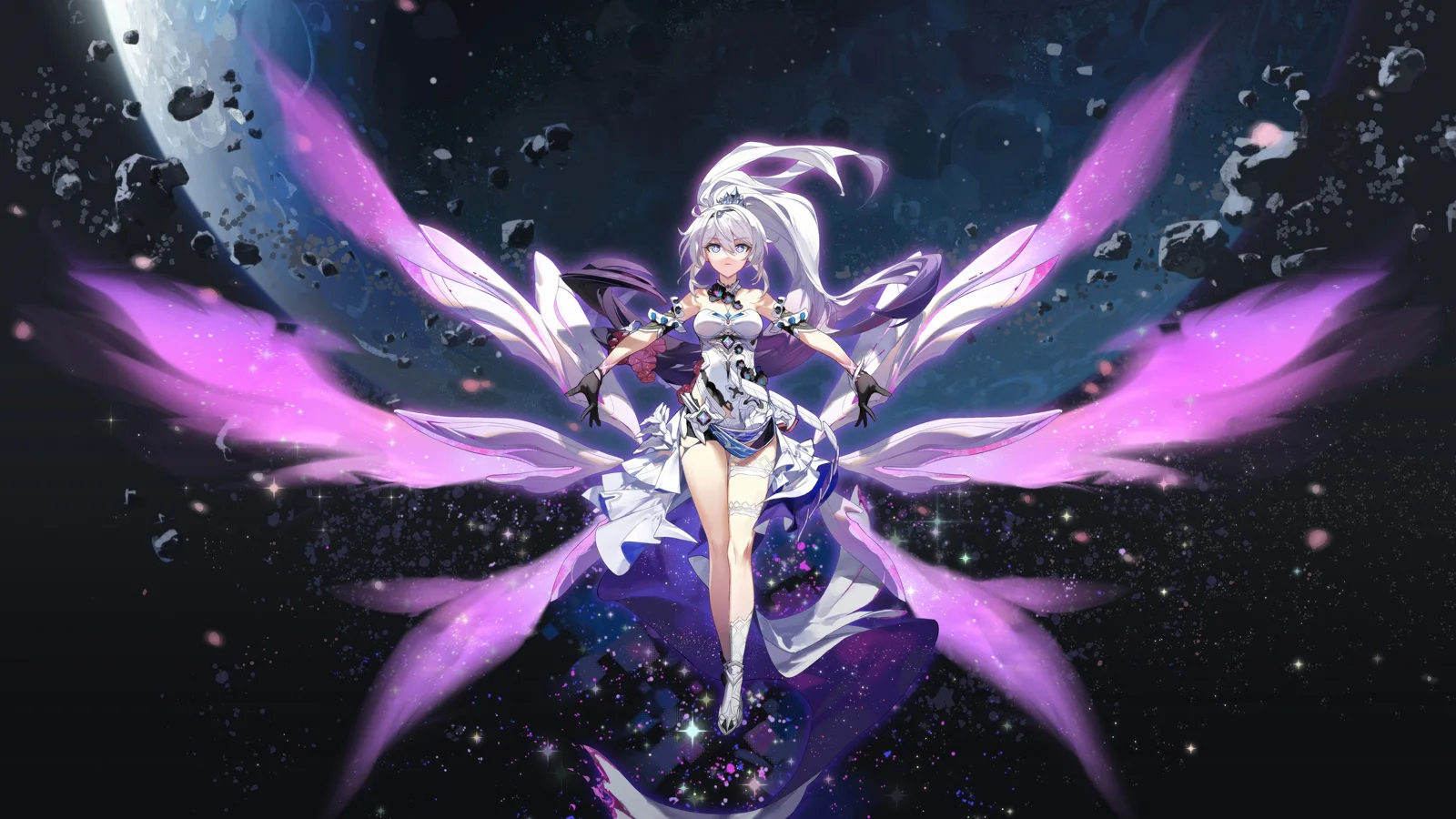 白髪のアニメ風の女性が白と紫の衣装をまとい、紫色の翼のような光と星空を背景に画面中央に立っている。
