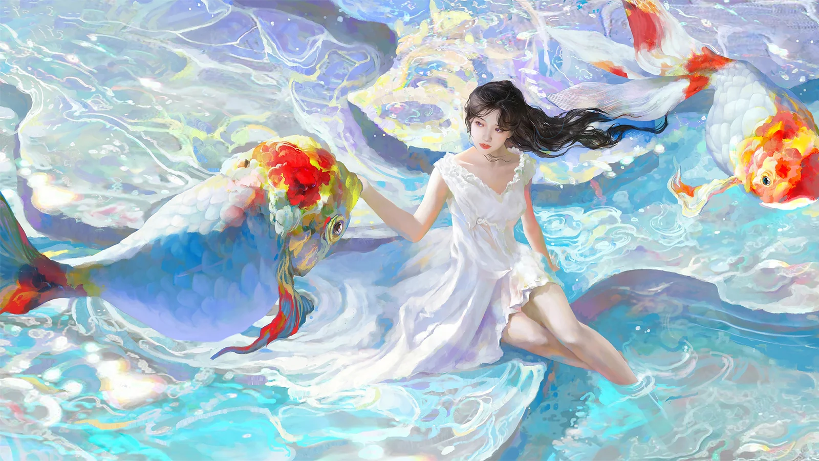 一名身穿白裙的动漫风格女子坐在流动的水面上，周围环绕着色彩鲜艳的锦鲤。