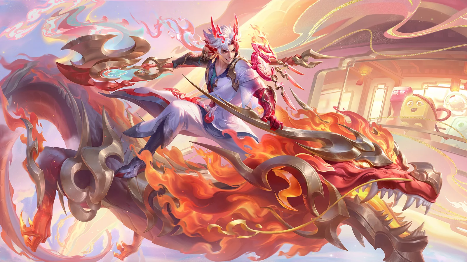 一名银发战士骑在缠绕火焰的赤红巨龙上，背景呈现绚丽的幻想风格光影。