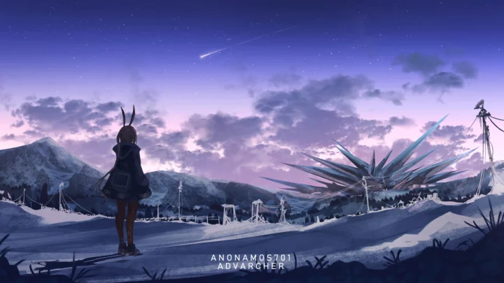 紫色星空下，一名动漫人物站在雪覆盖的山地前，远处可见群山和巨大的尖刺状植物。