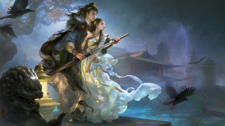 画面描绘两名身着古风服饰的人物持剑站在水畔建筑与飞鸟之间，远处伴有闪电。