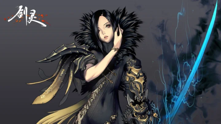 画面展示一名身穿黑色羽饰服装与 ornate armor 的动漫女性，旁边有一道明亮的蓝色刀刃。