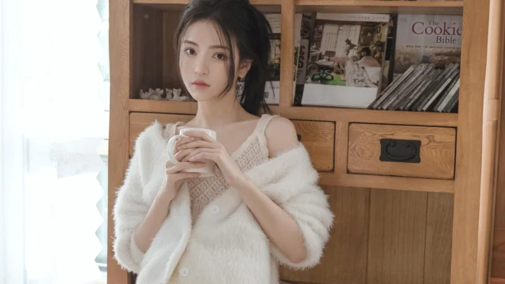 一名女子站在木质柜架前，披着白色针织披肩并双手捧着杯子。