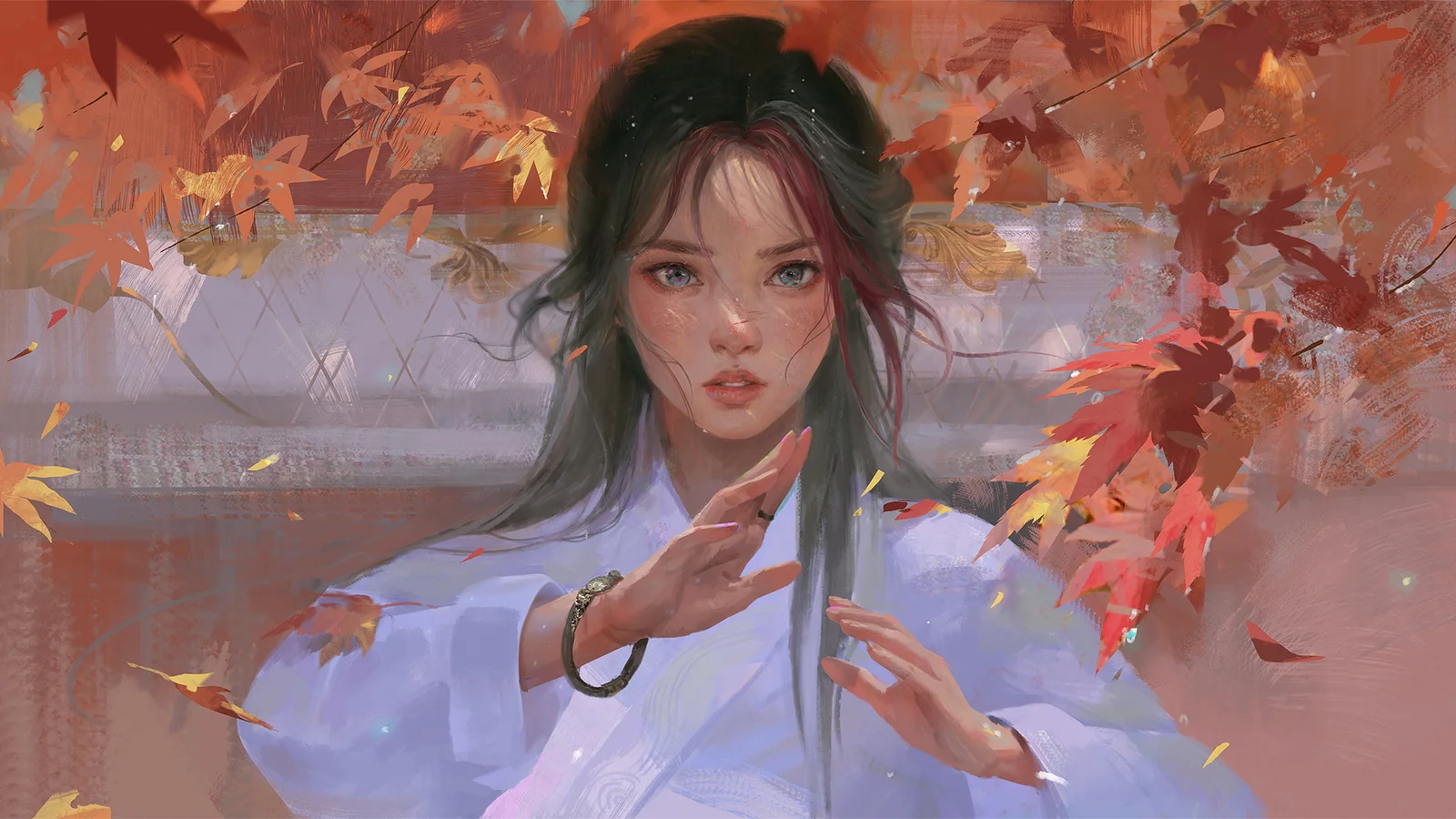 긴 머리의 여성이 가을 낙엽에 둘러싸인 부드러운 수채화풍 일러스트로 표현되어 있다.