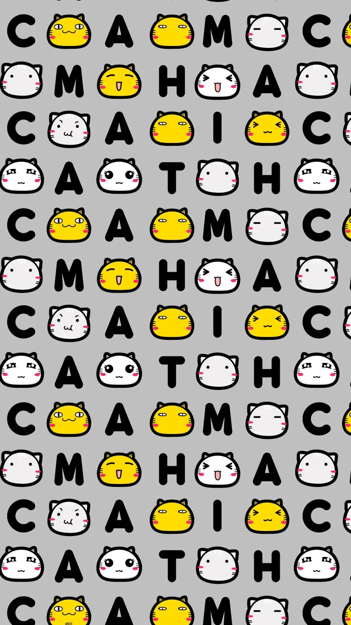灰色背景上重复排列着彩色卡通猫咪和黑色字母的图案。
