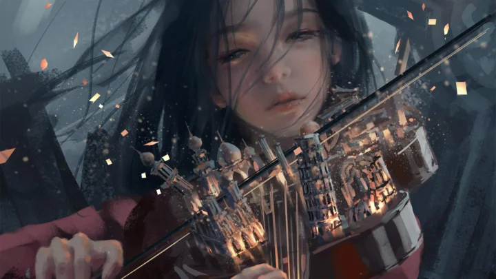 一名动漫风格的黑发少女手持小提琴，画面中可见飞散的光片与复杂的机械结构。