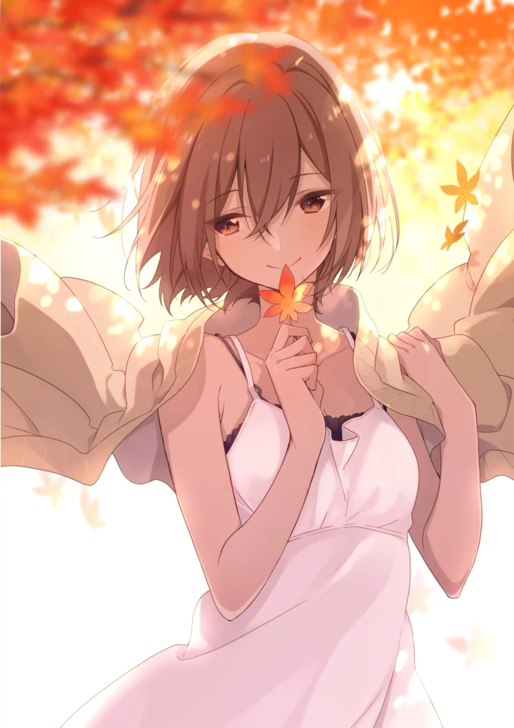 淡い色のワンピースを着たアニメの少女が、秋の紅葉と舞う花びらの中に立っています。