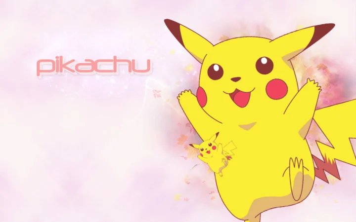 画面展示一只张开双臂的皮卡丘，背景为粉彩色梦幻光影并带有“pikachu”文字。