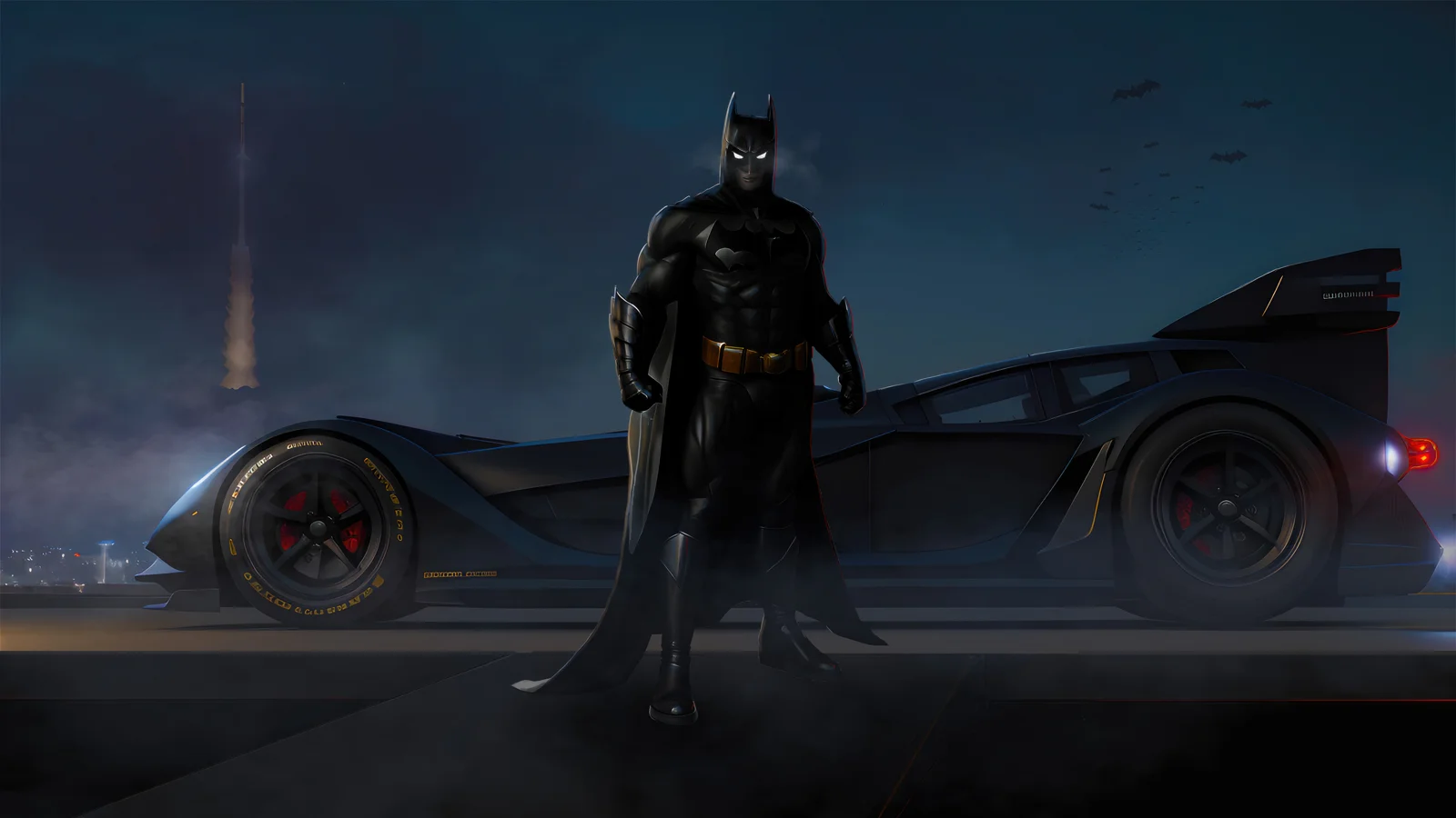 夜の中、黒い装甲とマントをまとったヒーローが黒いスポーツカーの前に立っている。