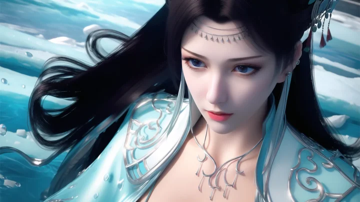一名黑发蓝眼的动漫女子身穿浅蓝色古风服饰，置于水波背景前。