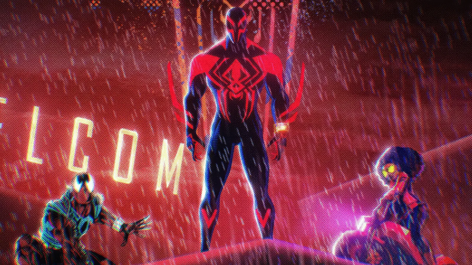 ネオンの光と雨の中に立つ、3人の stylized なスーパーヒーローが描かれています。