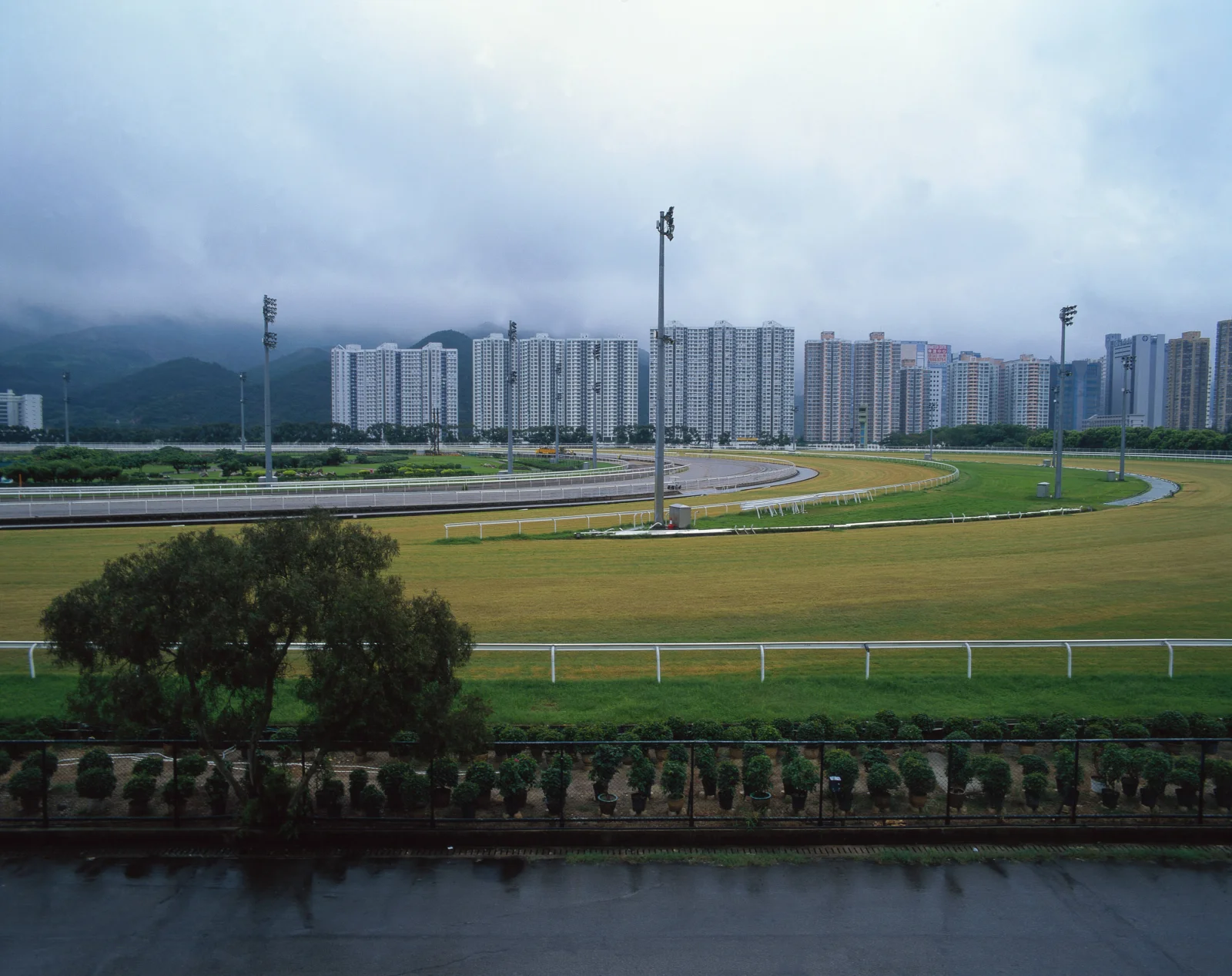 雨天的赛马场前方延伸着草地与跑道，远处是成排高层住宅楼和朦胧山景。