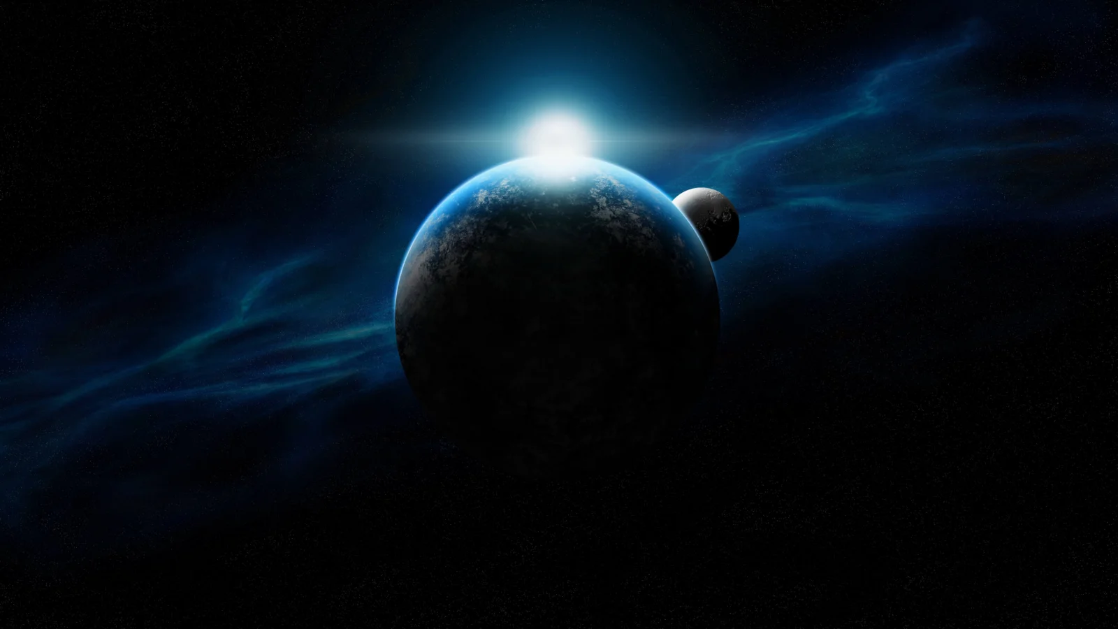 黑暗宇宙中，一颗行星在明亮蓝白光芒和小型卫星的映衬下呈现出神秘景象。