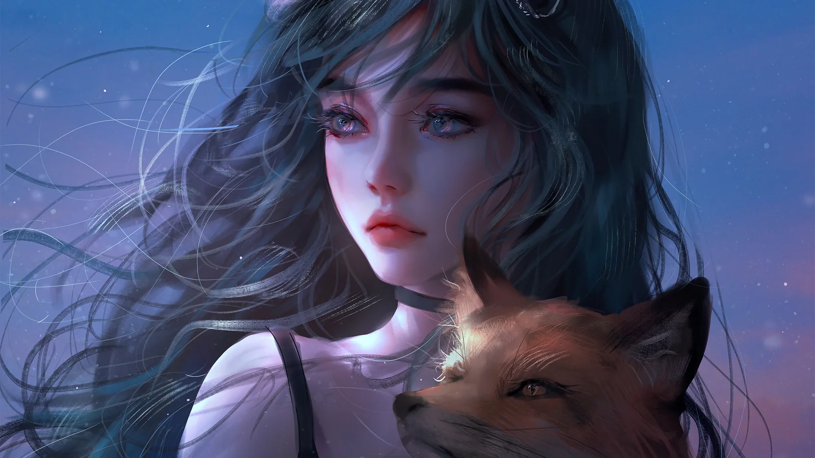 蓝色夜空背景中，一名黑发女性与一只狐狸同框的动漫风格插画。