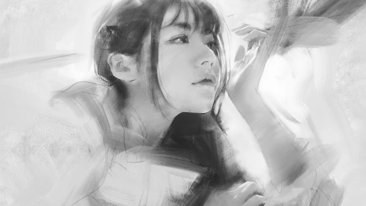 一幅灰度铅笔素描风格的成年女性侧脸肖像。