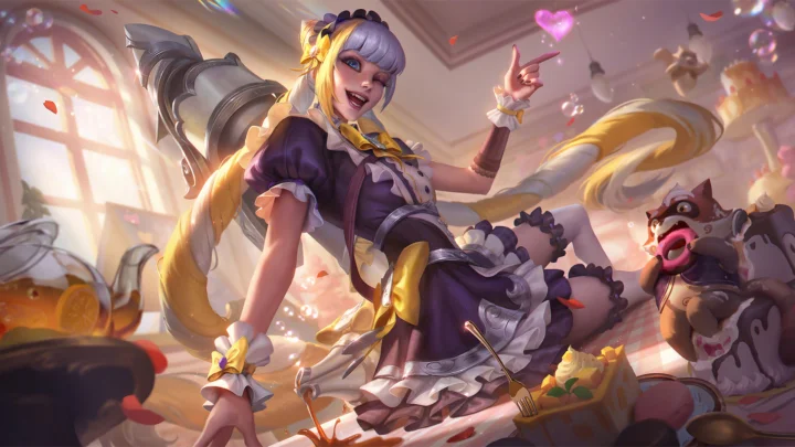 一位金发女性身穿紫色连衣裙站在明亮的室内插画场景中，旁边有一只张嘴的奇幻生物。