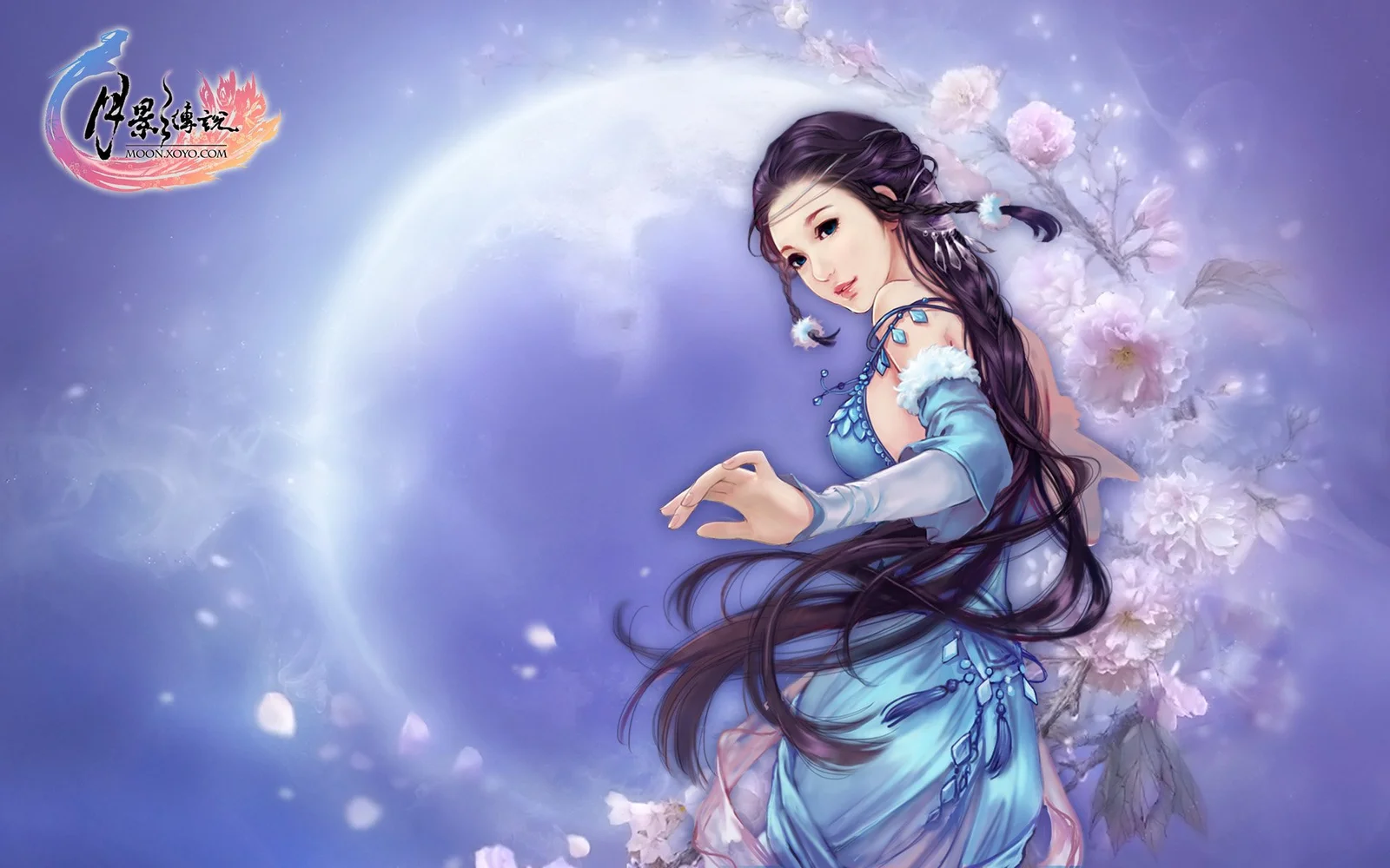 画面描绘一位身穿蓝色服装的动漫女性，在月光与樱花环绕的紫色背景中回眸。
