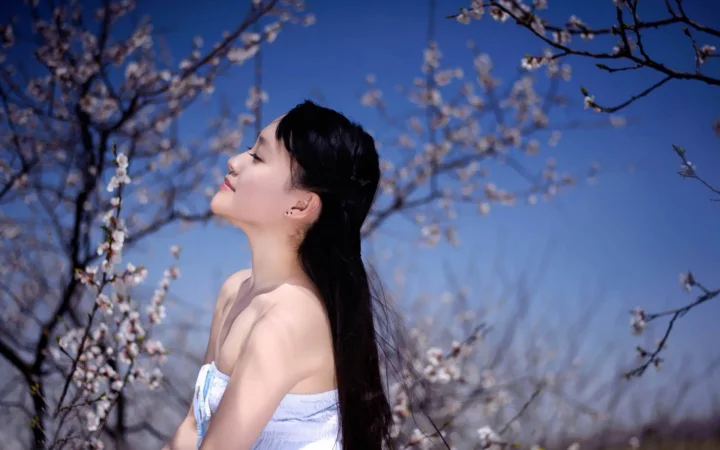 一名女子在蓝天下的樱花树旁侧身仰望。