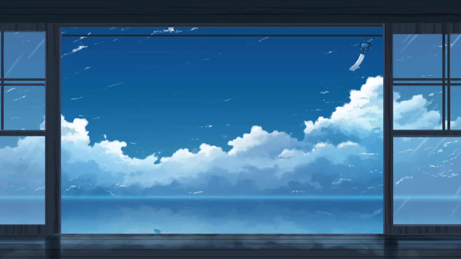 大きな窓越しに青空と白い雲、穏やかな海が広がるアニメ風の風景です。