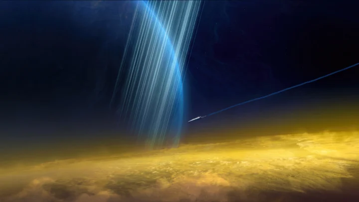 从太空俯瞰地球弧面，金色云层与蓝色光束在深色背景中交织。