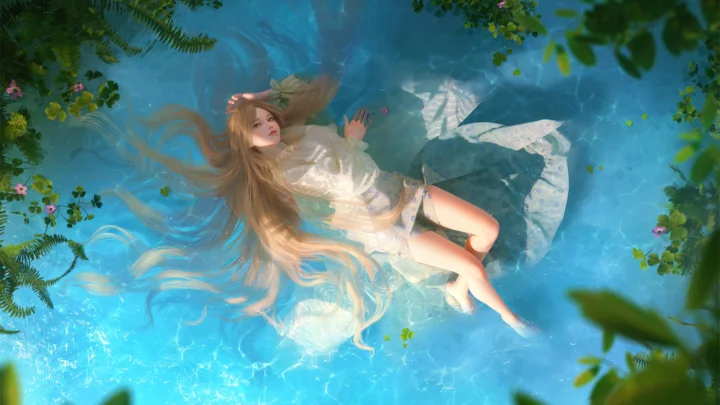 一名长发动漫少女漂浮在清澈的蓝色水面上，周围点缀着绿色植物。