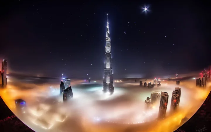 夜色中的高楼从金色雾海中拔地而起，繁星点缀着深色天空。