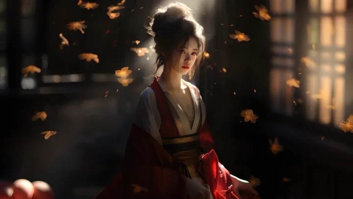 一名身穿红黑色服装的女子站在昏暗室内，暖光从窗边照入，周围飘着蝴蝶。