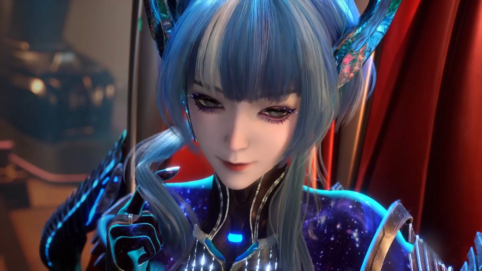 青い髪のアニメ風キャラクターが、青い発光部のあるファンタジーアーマーを身に着け、赤い背景の前に立っています。