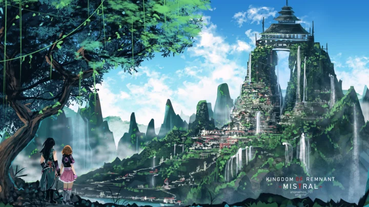 动漫风格的奇幻山谷中矗立着藤蔓覆盖的高塔，周围可见群山、瀑布、树林和晴朗蓝天。