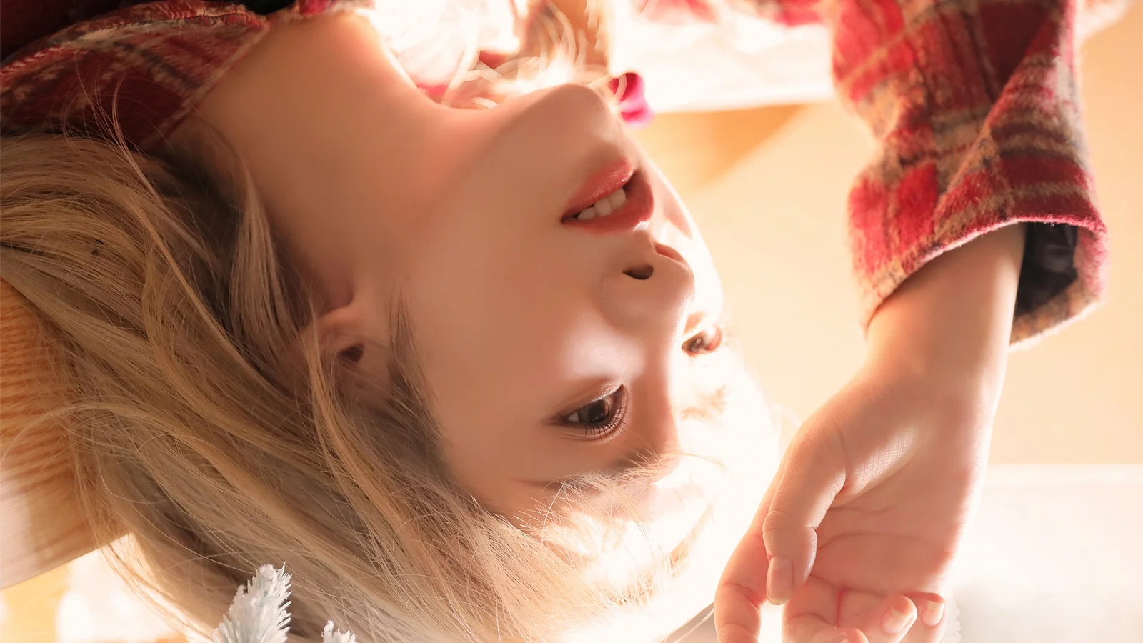 금발의 성인 여성이 거꾸로 된 옆모습으로 보이며 따뜻한 빛이 얼굴과 뻗은 손을 비추고 있다.
