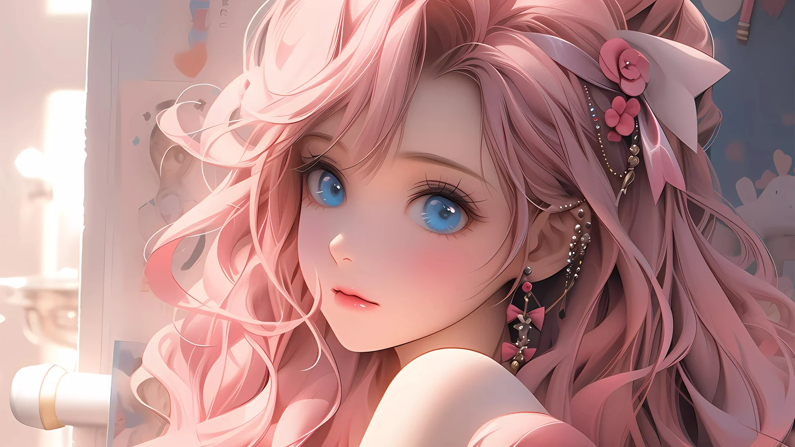 ピンク色の長い髪と青い瞳、髪飾りを持つアニメ風の女性を描いたクローズアップです。