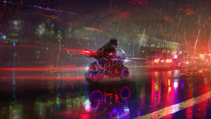 一辆摩托车在霓虹灯映照的雨夜街道上行驶，湿润路面倒映出绚丽灯光。