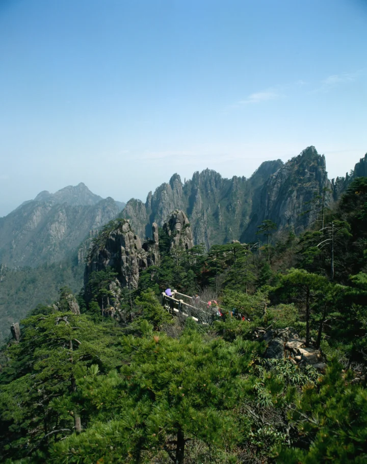 蓝天下的群山、岩峰与苍翠松林构成壮丽的山岳景观。