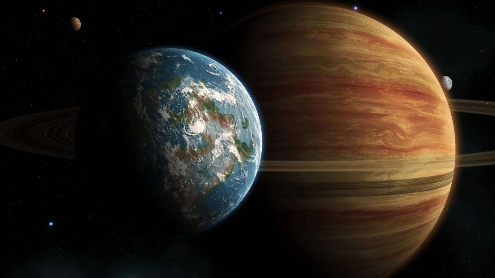 一颗蓝色类地行星与一颗巨大的环状气态行星并列出现在黑暗的星空中。