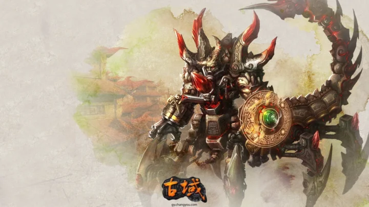 画面中央是一名手持盾牌、身披 ornate 铠甲的暗黑幻想战士，背景带有淡雅的东方建筑与水墨质感。
