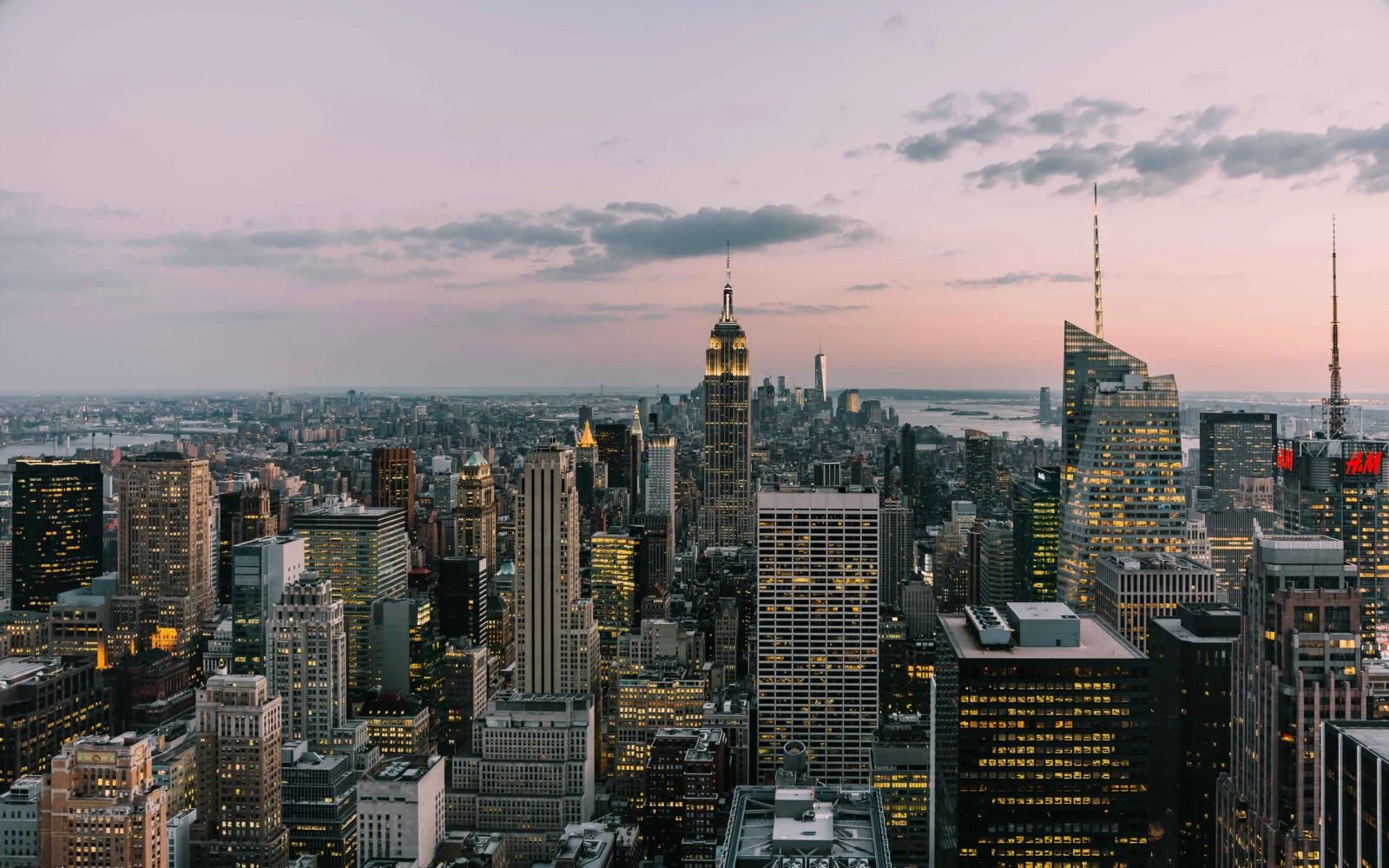 New York City's skyline at dusk, with dense skyscrapers and distant water beneath a pink-purple sky.