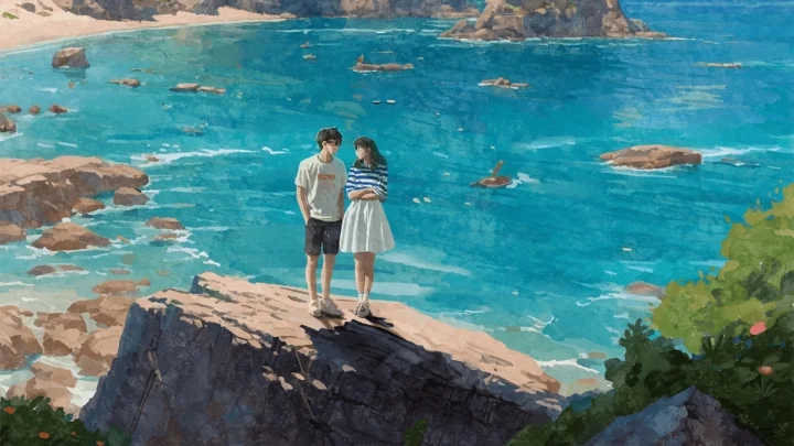 一对情侣站在岩石海岸边，面向碧蓝的海水，画面呈现出清新的手绘风景。