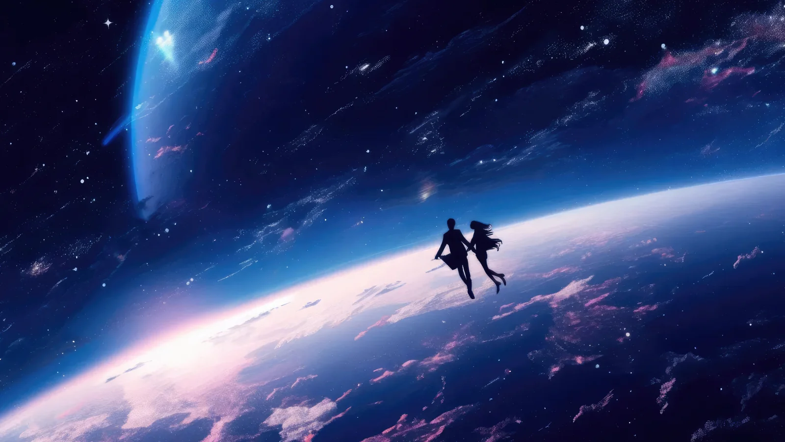 绚丽的星空与地球弧线交相辉映，画面中央可见两个漂浮的剪影。